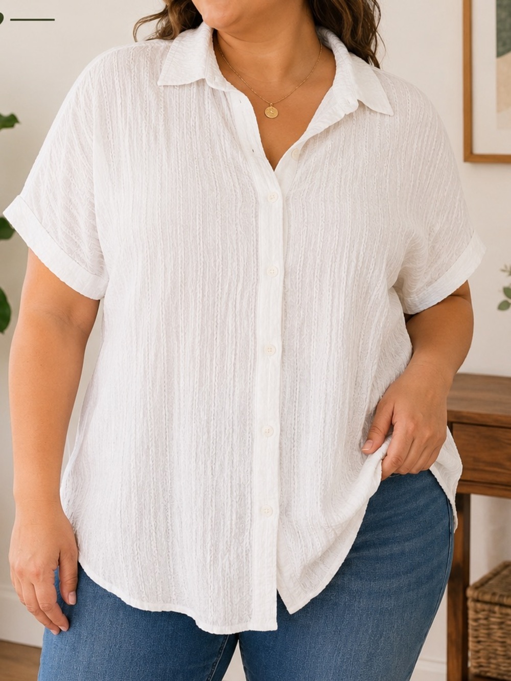 zeagoo White Textured Short-Sleeve Button-Up Shirt XL